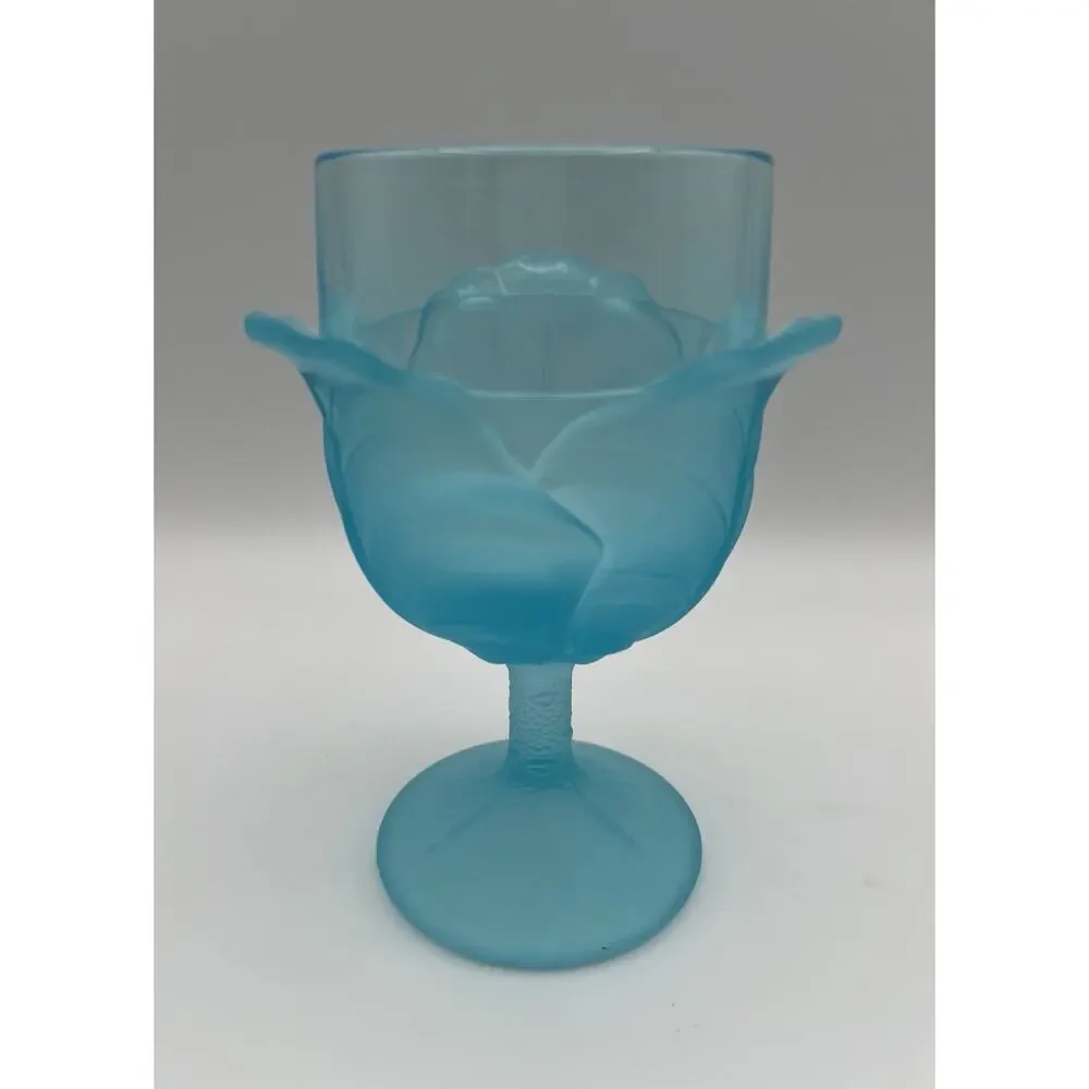 LG Wright Blue Satin Glass Cabbage Leaf Water Goblet Wine Glass 6.25” Vintage
